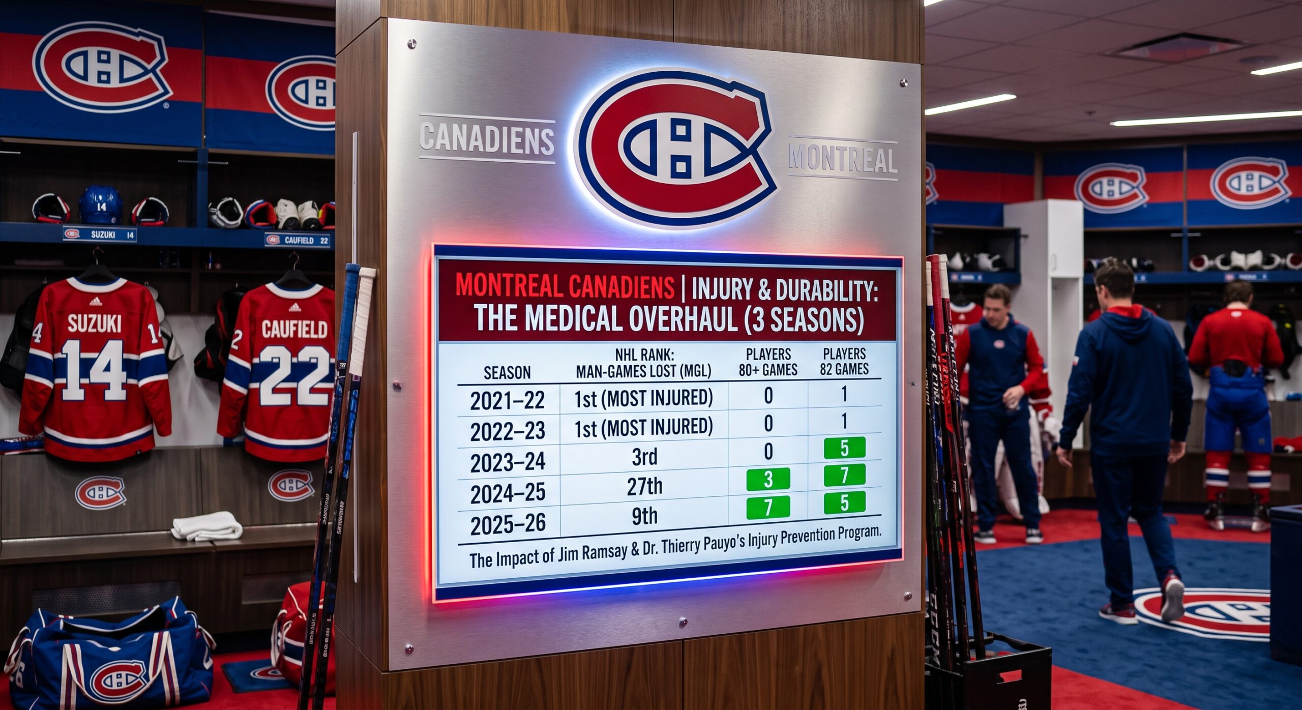 Montreal Canadiens injury and durability chart, 2021-22 through 2025-26, showing the impact of Jim Ramsay and Dr. Thierry Pauyo's injury prevention program