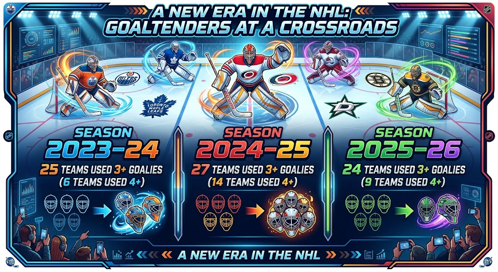 Infographic showing NHL teams using 3+ goalies per season: 25 teams in 2023-24, 27 in 2024-25, 24 in 2025-26