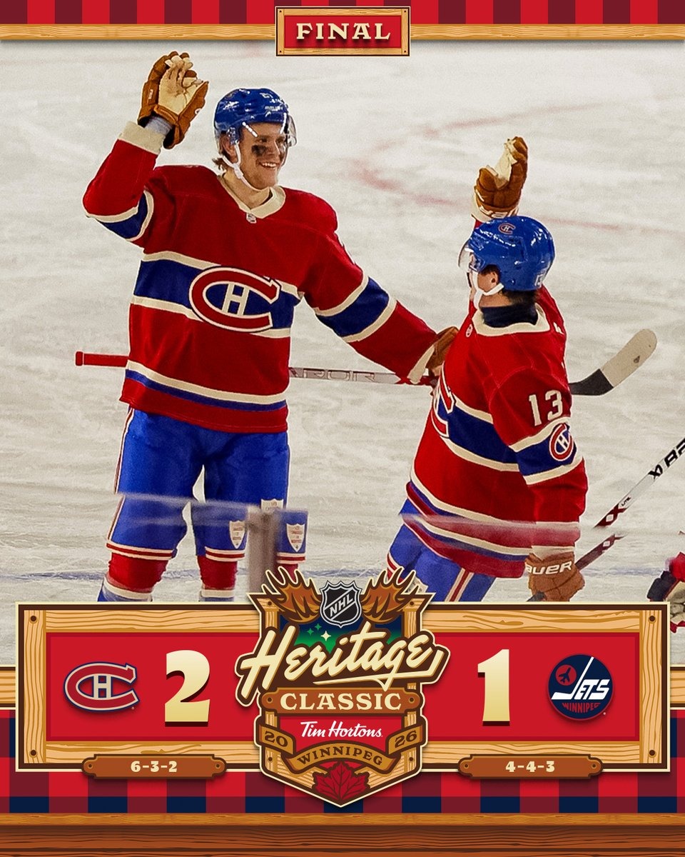 Canadiens 2, Jets 1 final score graphic from the 2026 Tim Hortons NHL Heritage Classic in Winnipeg