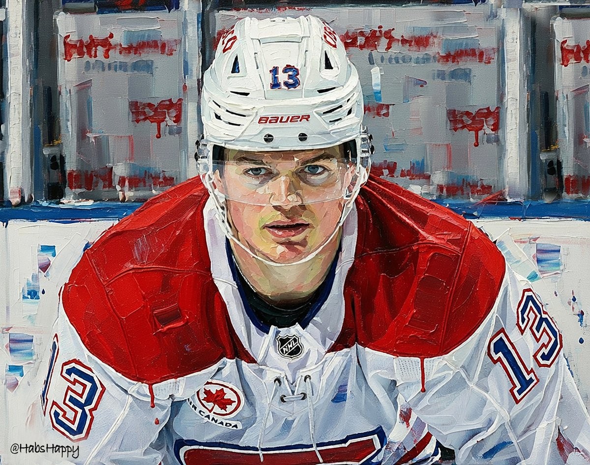 Painted portrait of Canadiens forward Cole Caufield wearing number 13, artwork by @HabsHappy