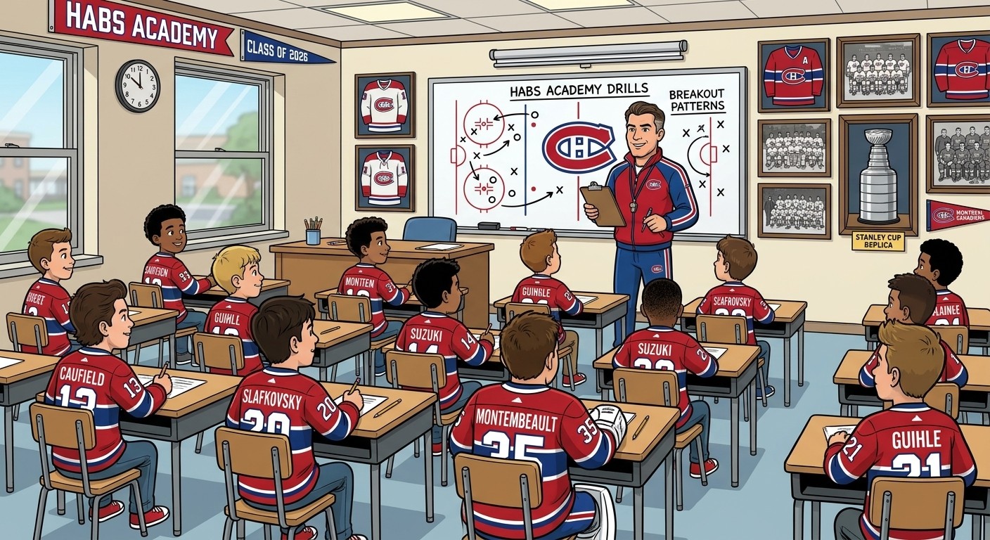 Habs Academy classroom: coach at the whiteboard teaching Canadiens players at their desks